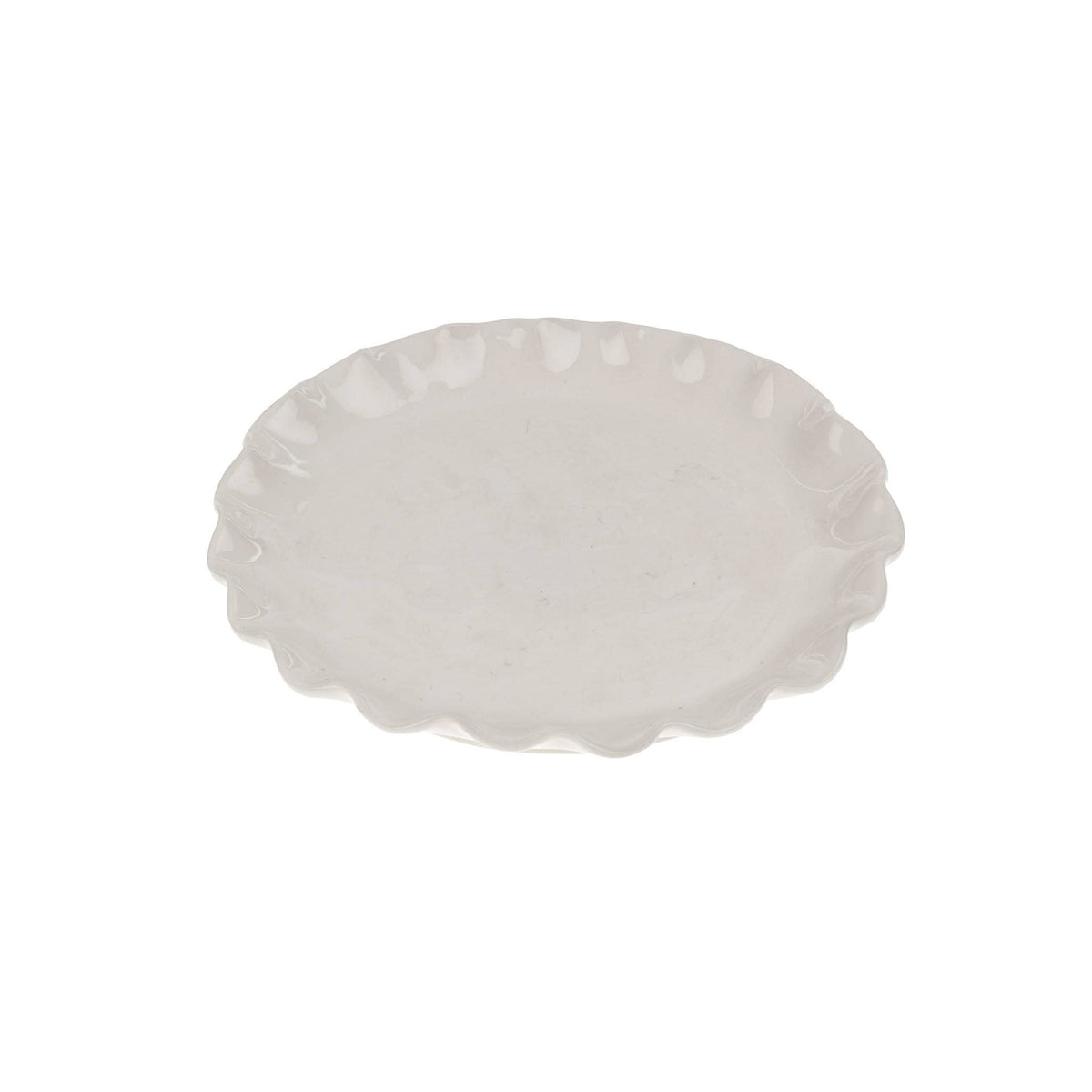 A round white ceramic Calypso plate with a scalloped rim, shown from a top-down view on a plain white background.