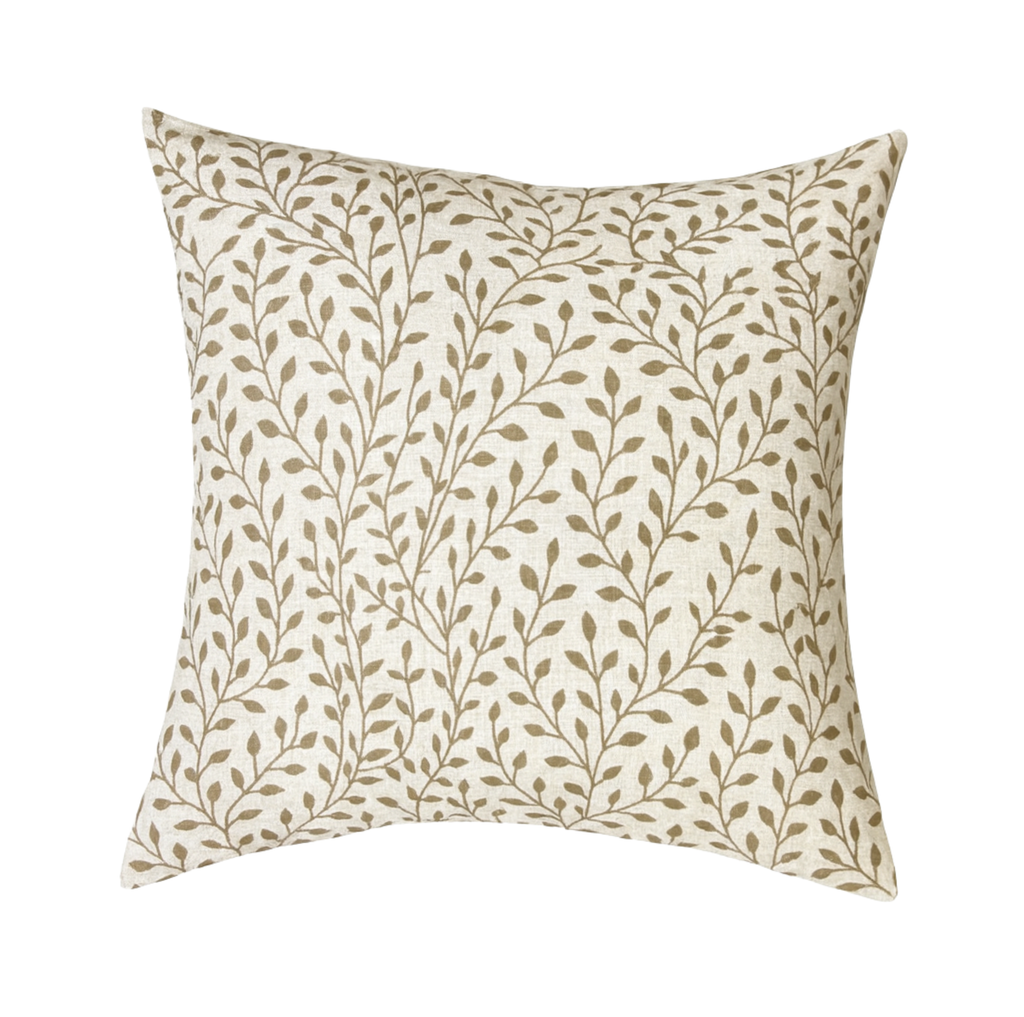 Decorative linen pillow with down fill with leaf pattern in olive on a natural linen background