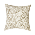 Decorative linen pillow with down fill with leaf pattern in olive on a natural linen background