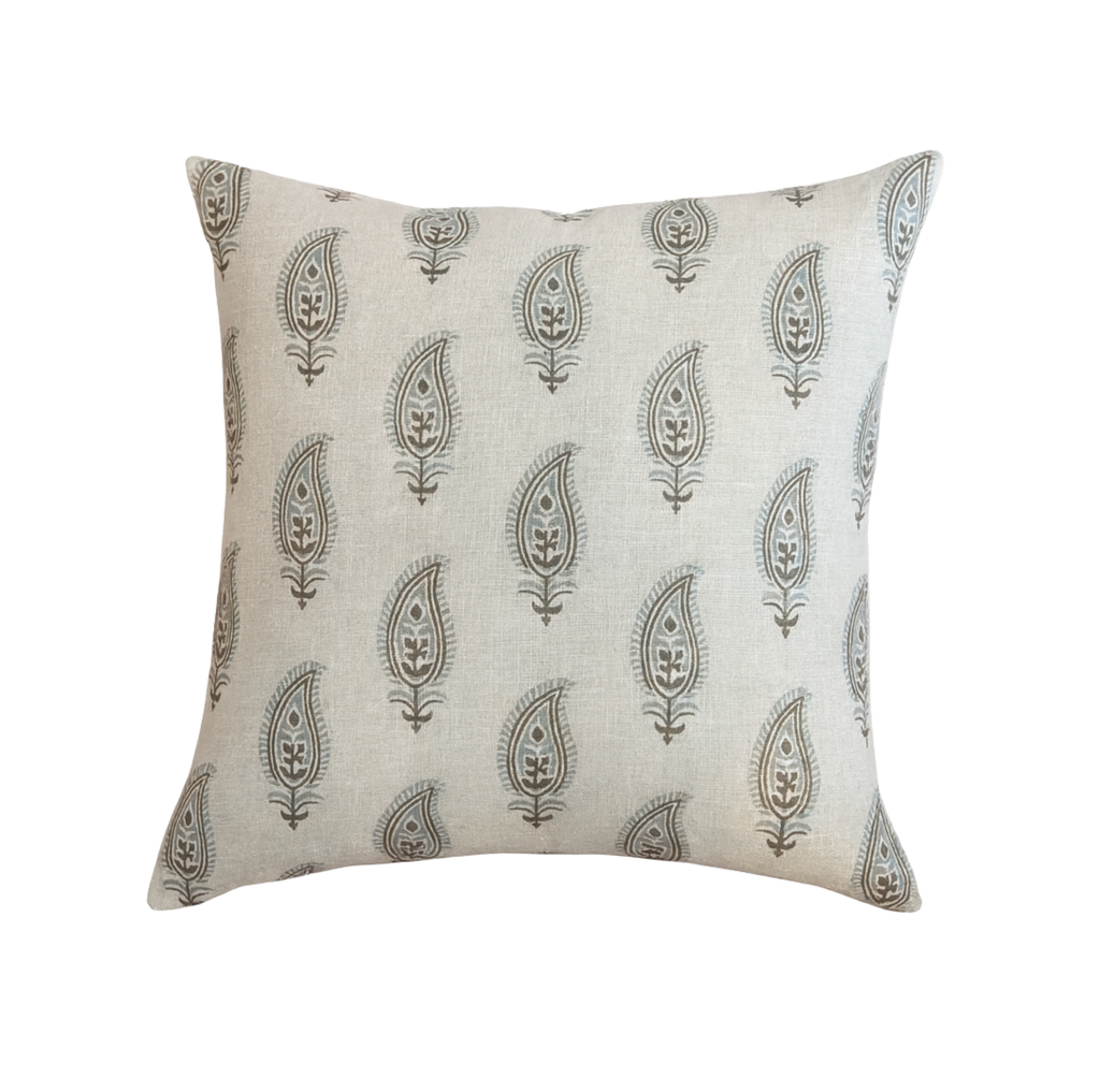 Liam and Lana linen throw pillow  with down fill with a floral pattern on a white background