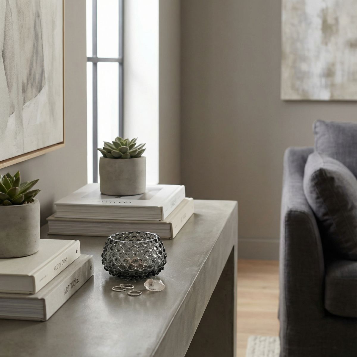 Living room with a coffee table, books, succulents, a gray sofa and a small hobnail bowl