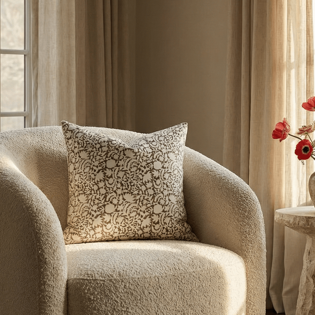 Ochre Floral Block Printed Pillow Cover | Mustard