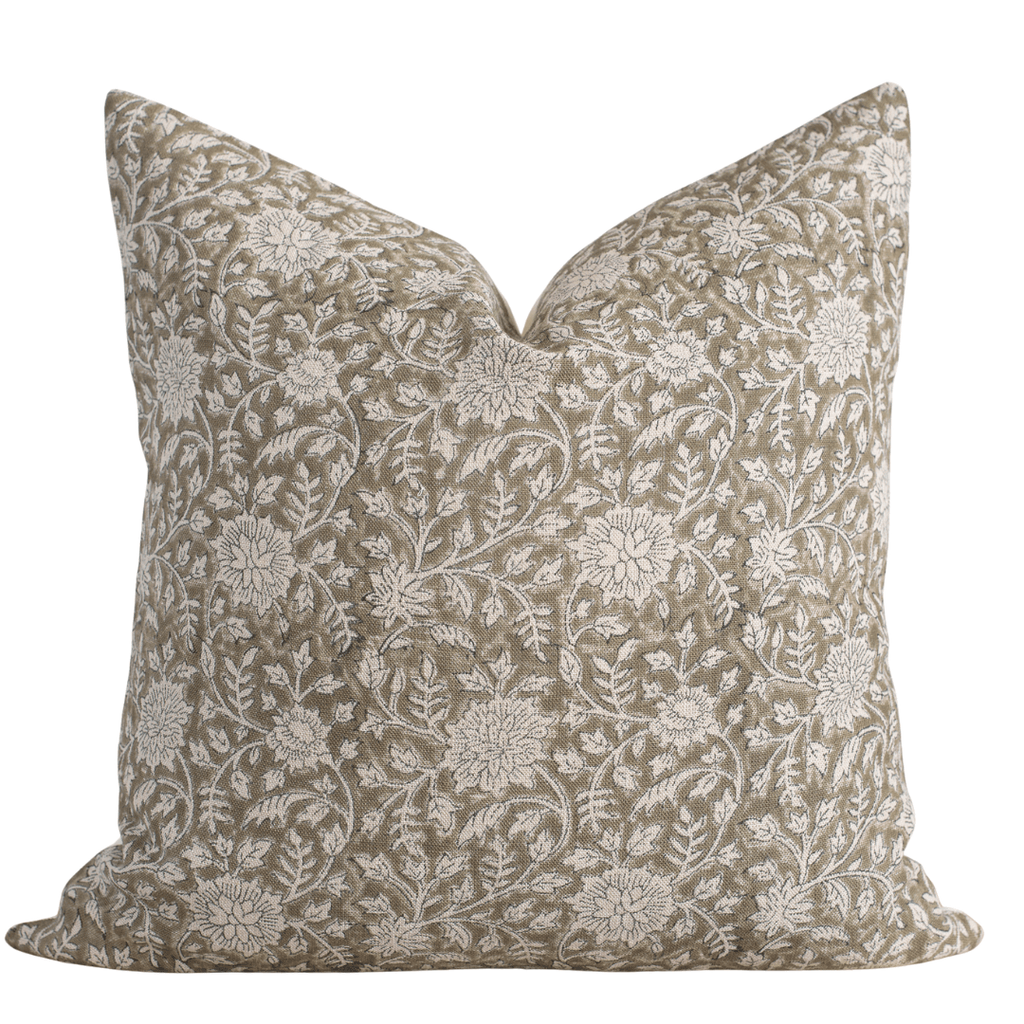 Leila Floral Block Printed Pillow Cover | Olive Green
