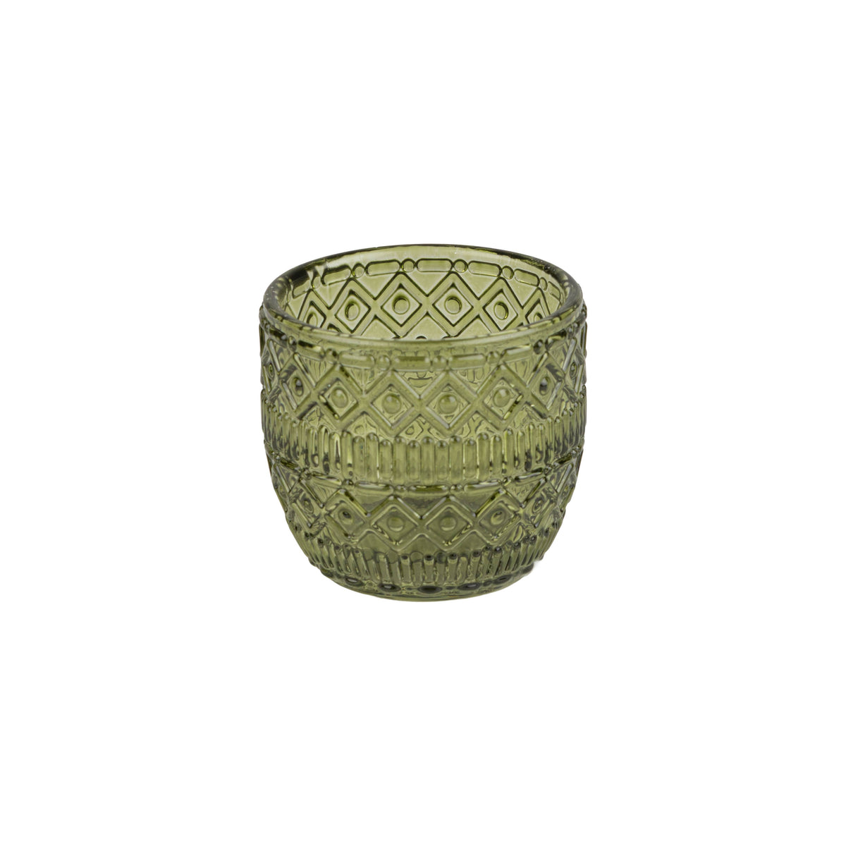 Green textured glass candle holder on a white background