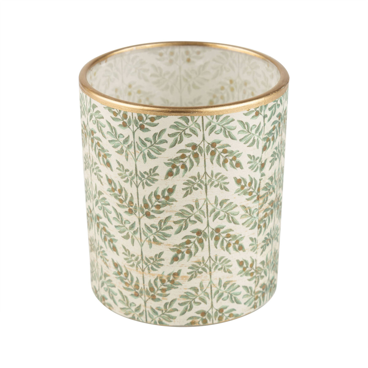 A cylindrical glass candle holder with a cream-colored exterior decorated with a green botanical leaf pattern and a metallic gold rim, shown against a plain white background.