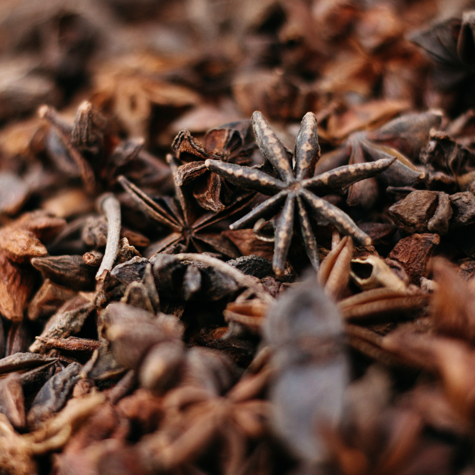 Close-up of dried star anise and brown spices filling the frame, with one star anise in sharp focus in the center.