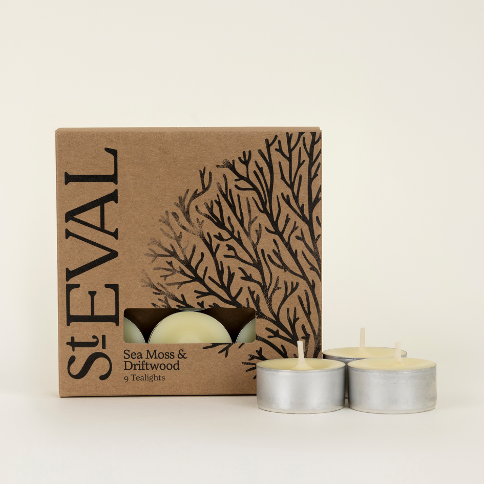 St Eval sea moss and driftwood tealights with packaging on a white background