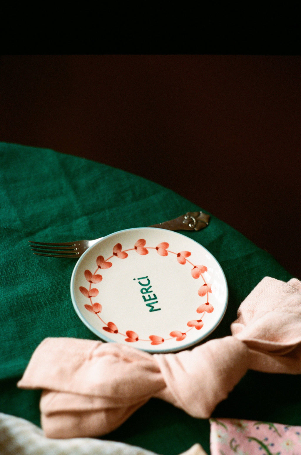 RICE by RICE Ceramic Cake Plate with Hand Painted Merci