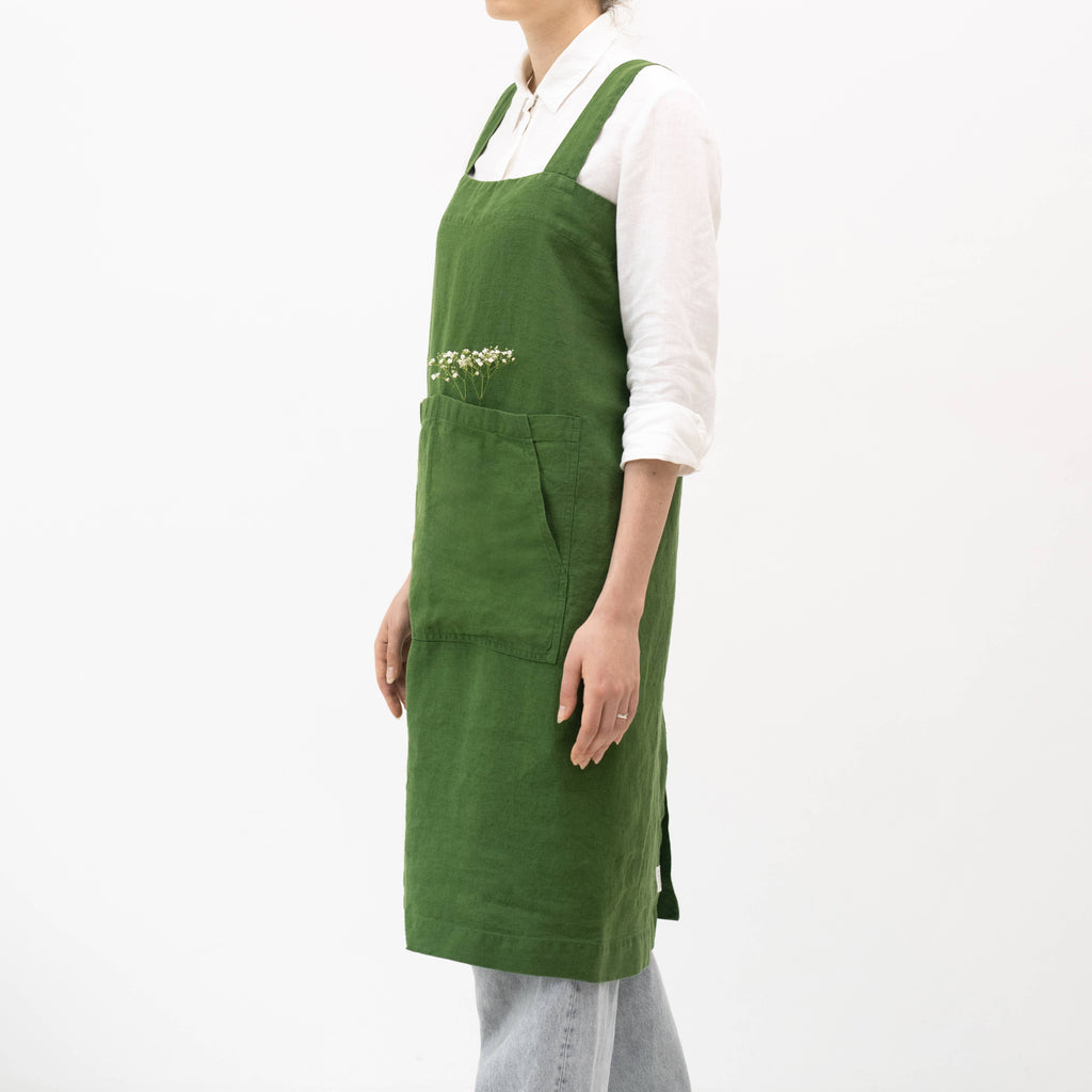 True Green Linen Japanese Pinafore Apron