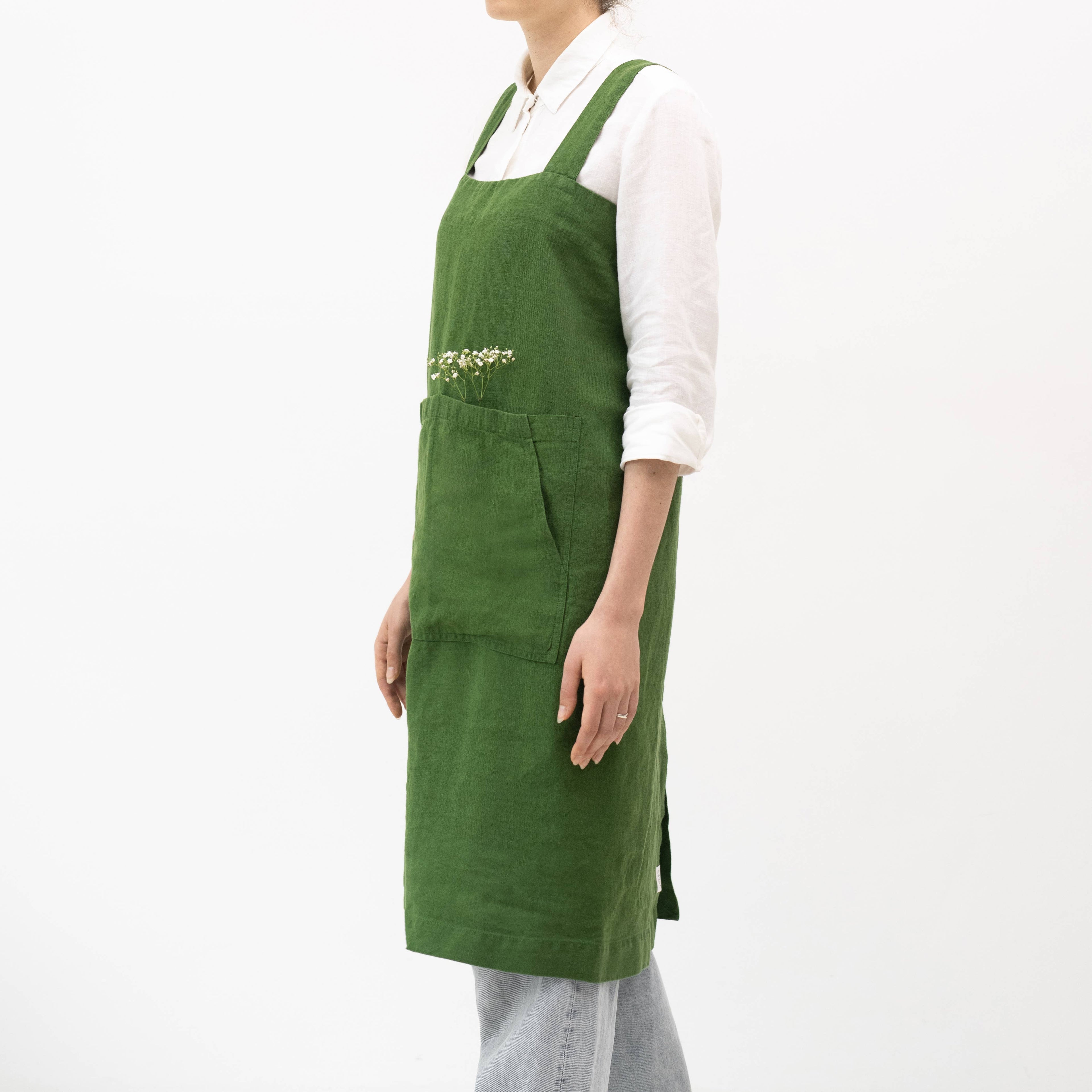 True Green Linen Japanese Pinafore Apron