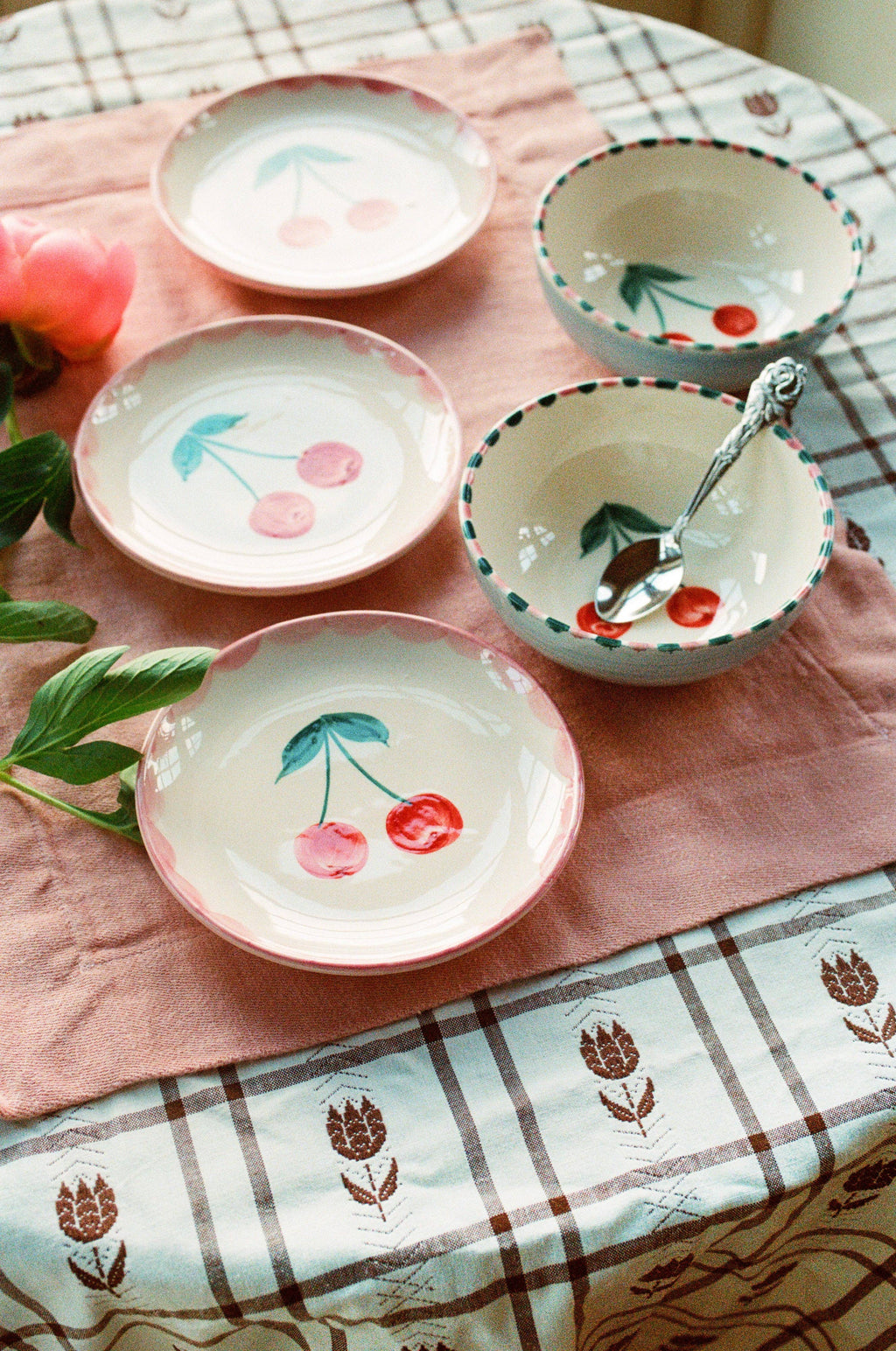 RICE by RICE Ceramic Cake Plate with Hand Painted Cherries