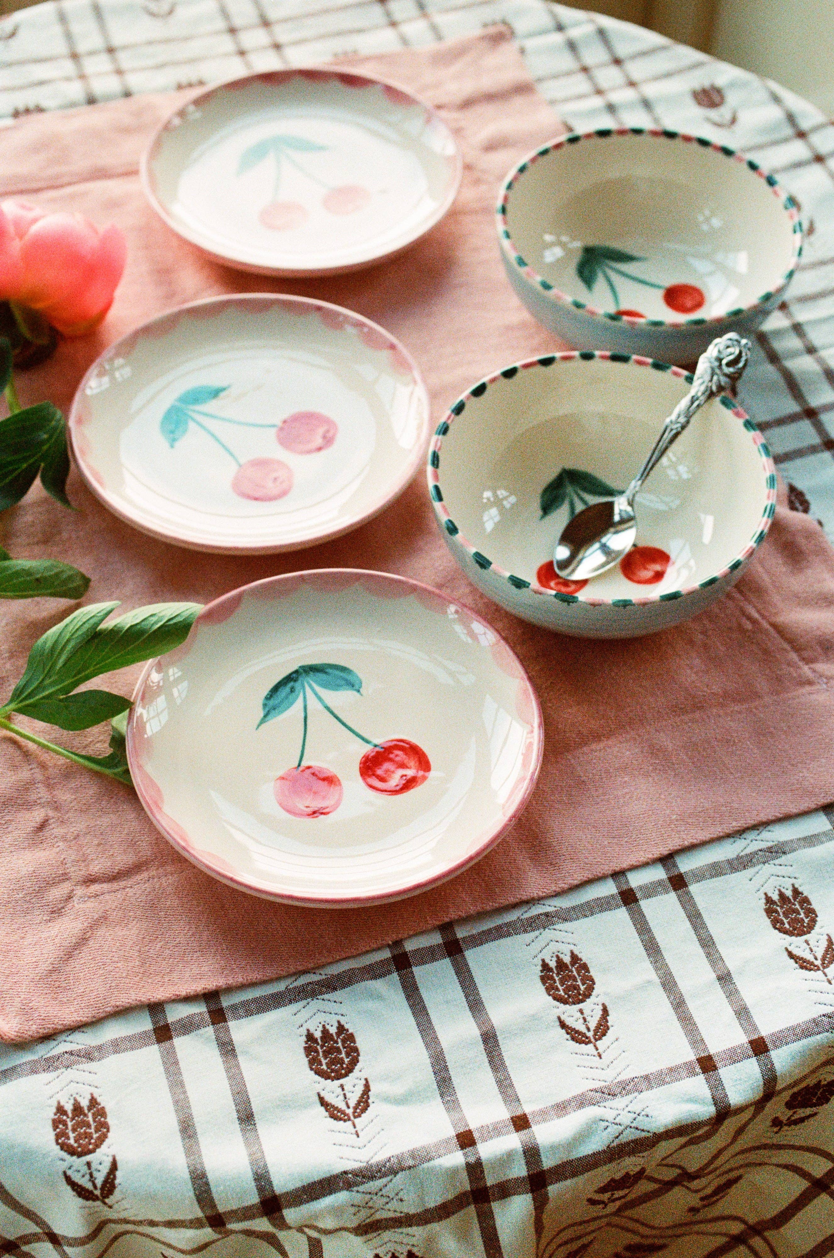 RICE by RICE Ceramic Cake Plate with Hand Painted Cherries