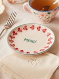 RICE by RICE Ceramic Cake Plate with Hand Painted Merci