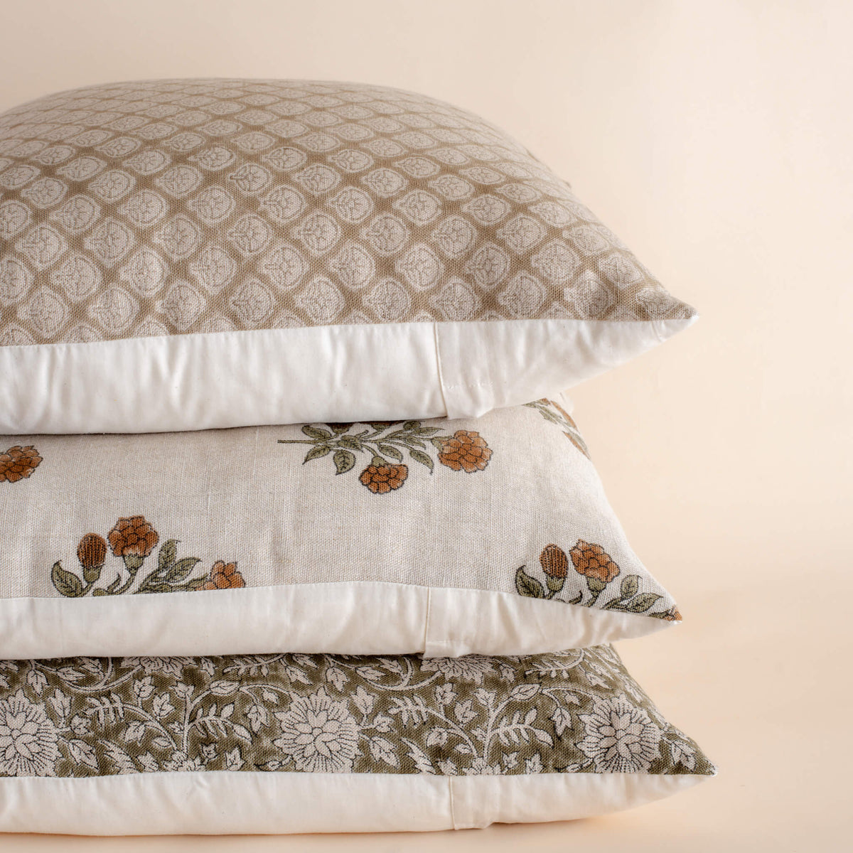 Leila Floral Block Printed Pillow Cover | Olive Green