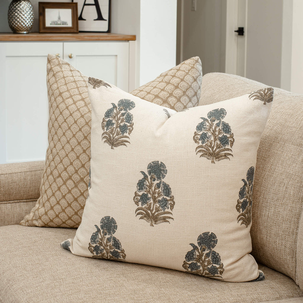 Etta Floral Block Printed Pillow Cover | Blue, Green
